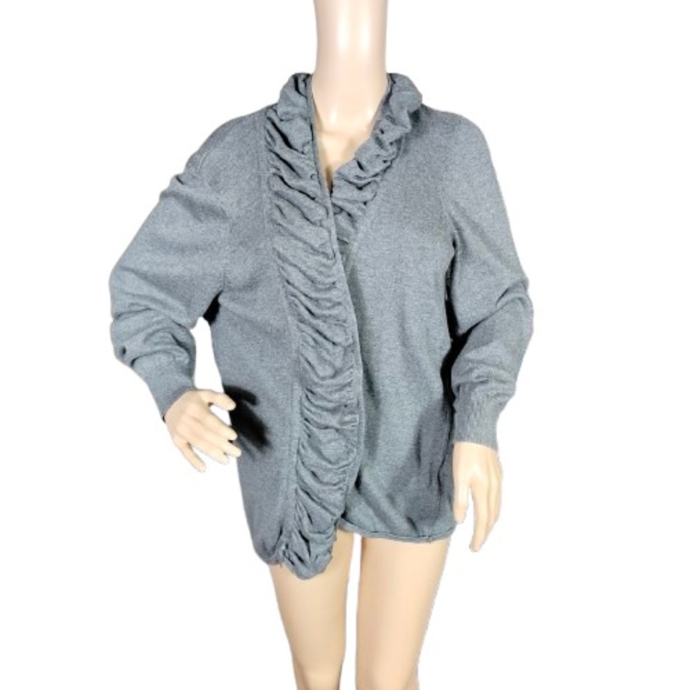 Christopher & Banks Womens Cardigan Sweater Ruffle Trim Open Front‎ Gray Size XL